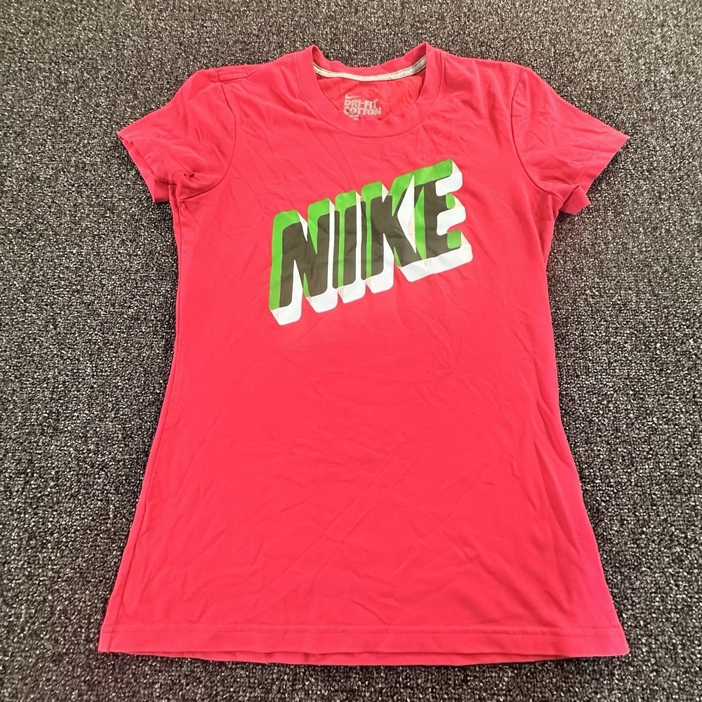 Nike Womens Dri-FIT Cotton Tee Pink Green Graphic Logo T-Shirt Small 467966-6DG